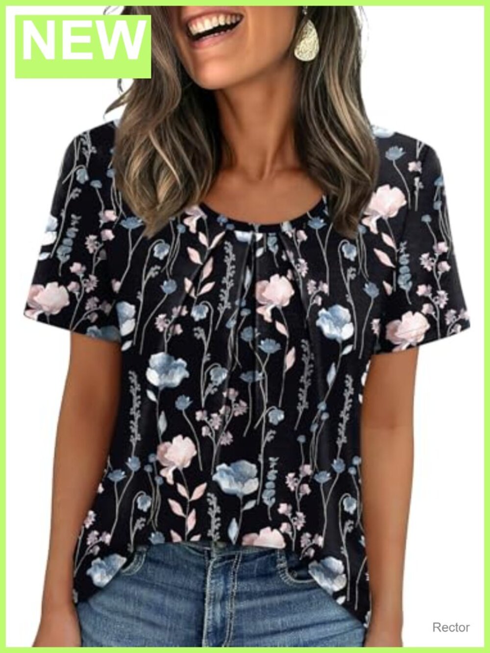 Womens Pleated Short Sleeve Scoop Neck Blouse Loose Fit Casual Top